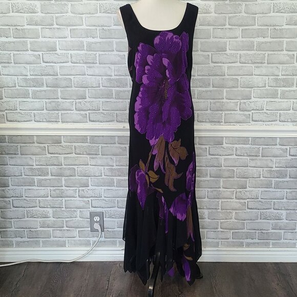 Vtg Y2K Beaded Floral Maxi Dress Fairy Whimseygoth Grunge Handkerchief Hem 18 - Picture 1 of 10